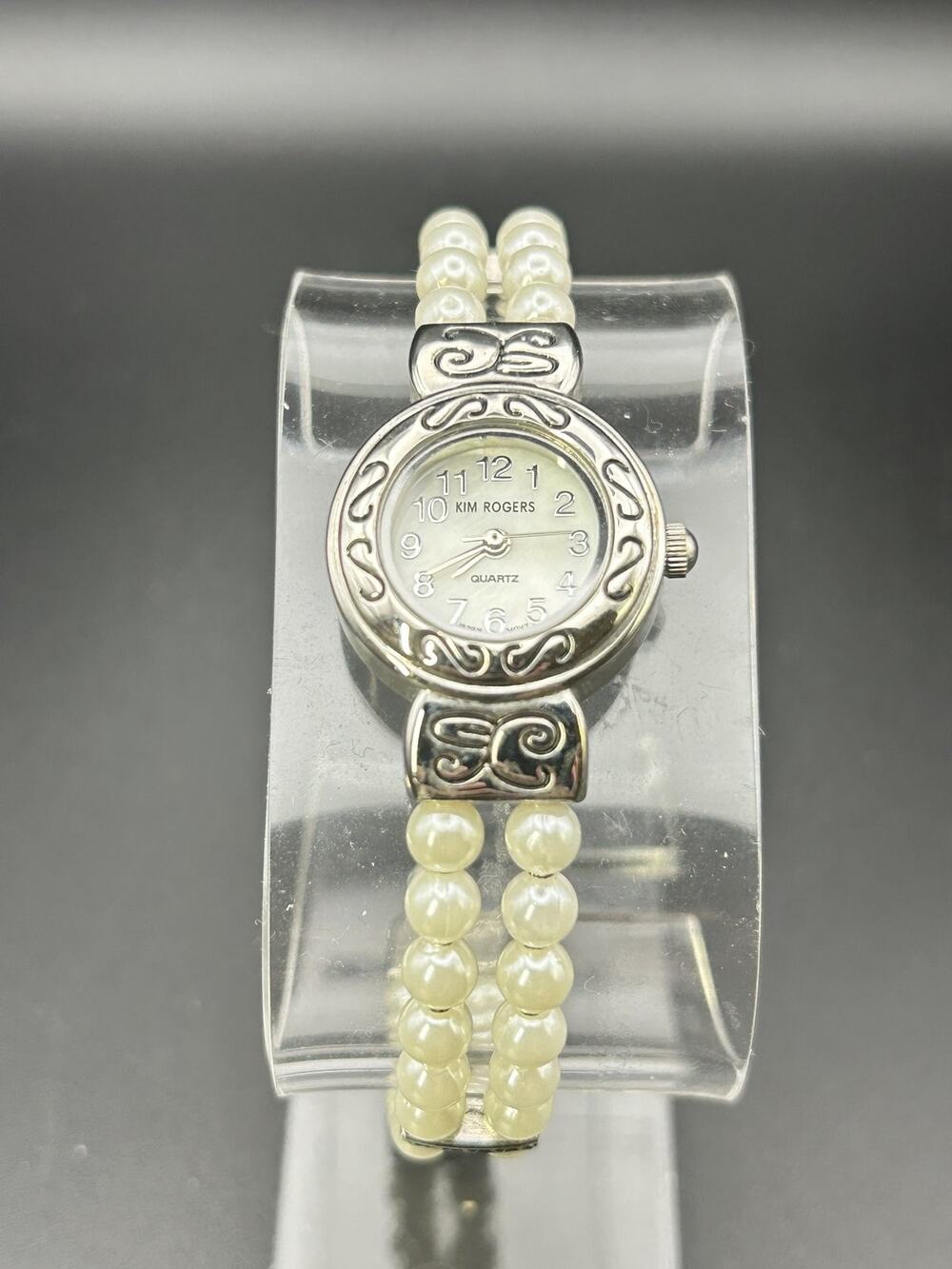 Faux Pearl Double Strand Bracelet Watch Womens Silver Tone Scroll Kim Rogers